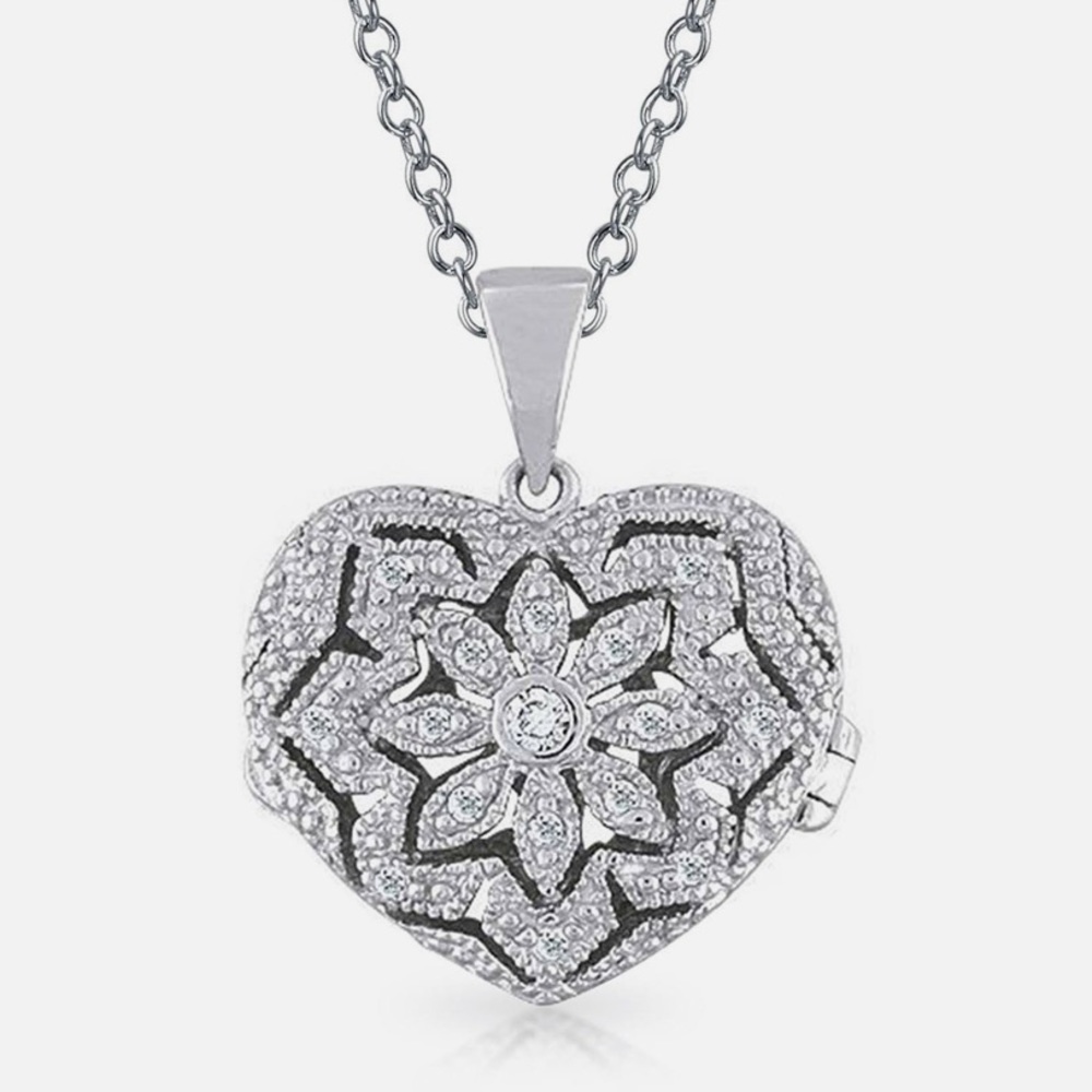New Sterling Silver Pavè Heart Locket Necklace 925